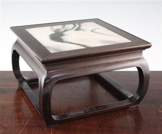 A Chinese rosewood and dreamstone inset low stool or stand, 19th century, possibly Zitan, 28cm sq. height 17cm